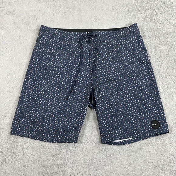 RVCA Board Shorts Mens 34 Blue Floral Print Swim Pocket Beach Surfing Strech - Picture 1 of 13